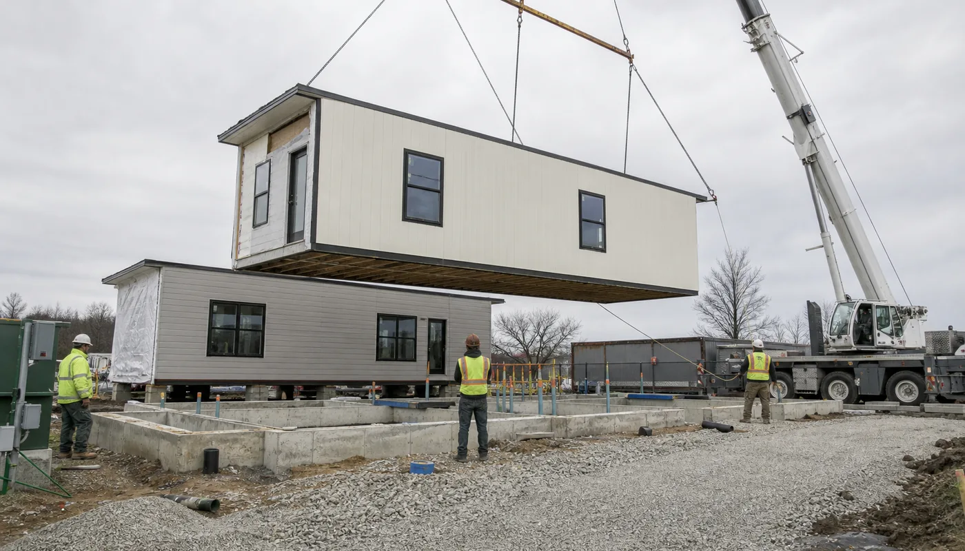 Portable office trailer being positioned at a prepared project site