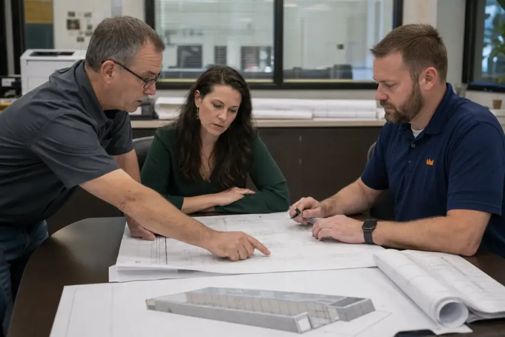 Project team reviewing a phased modular office plan
