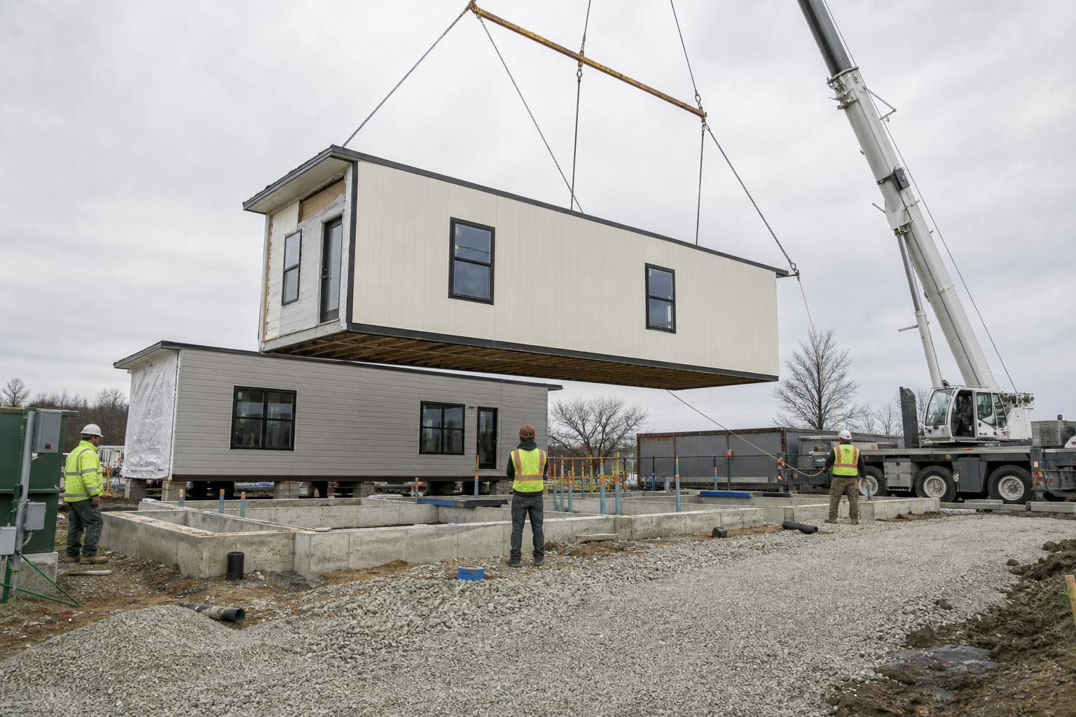 Commercial modular building installation with crane and prepared foundations
