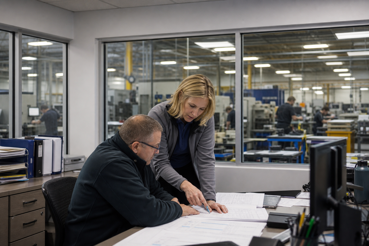 Production team working inside a quiet in-plant modular office