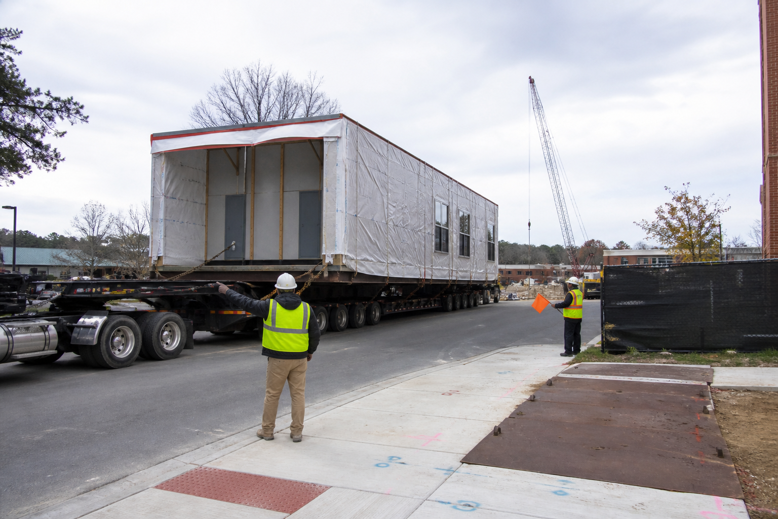 Commercial modular building module arriving at a prepared project site