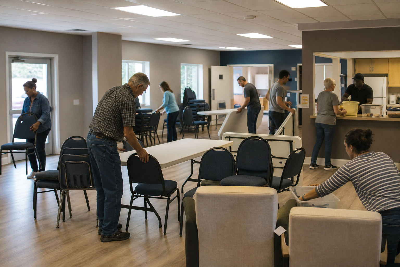 Volunteers arranging a modular church multipurpose room for community use