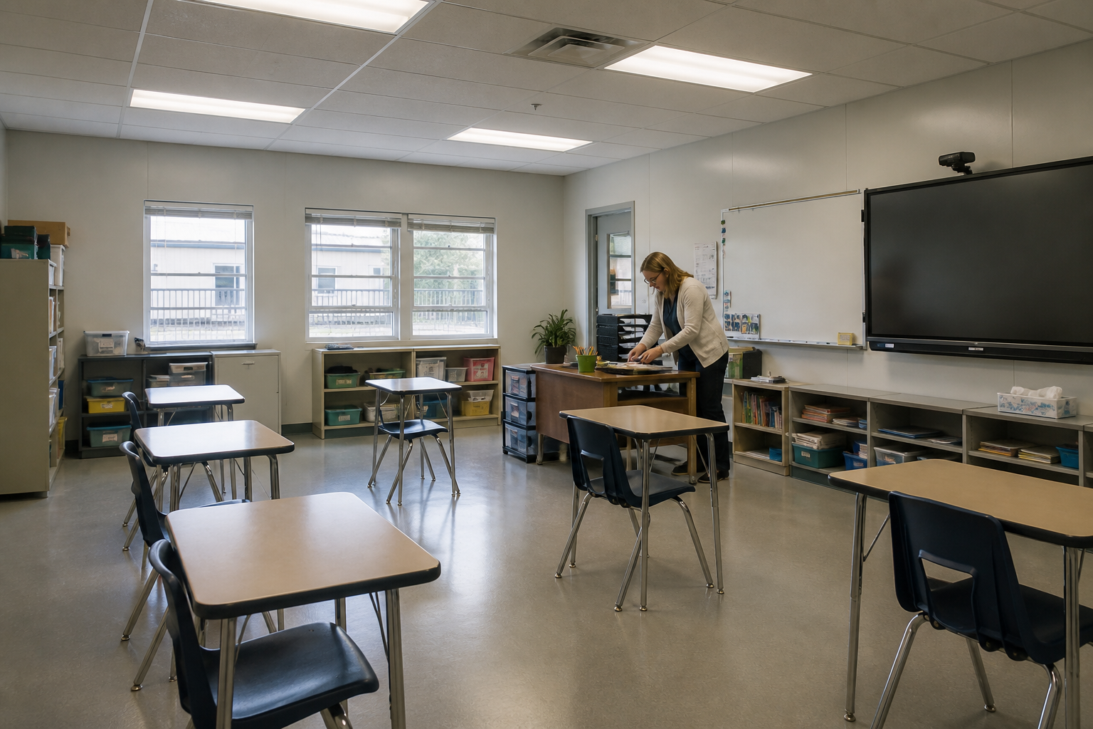Practical modular classroom interior with desks, storage and daylight