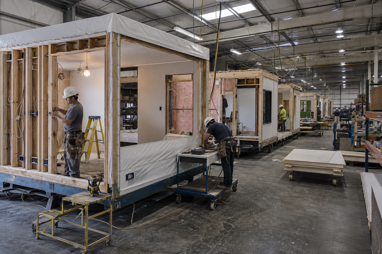 Commercial modular building modules progressing through factory construction