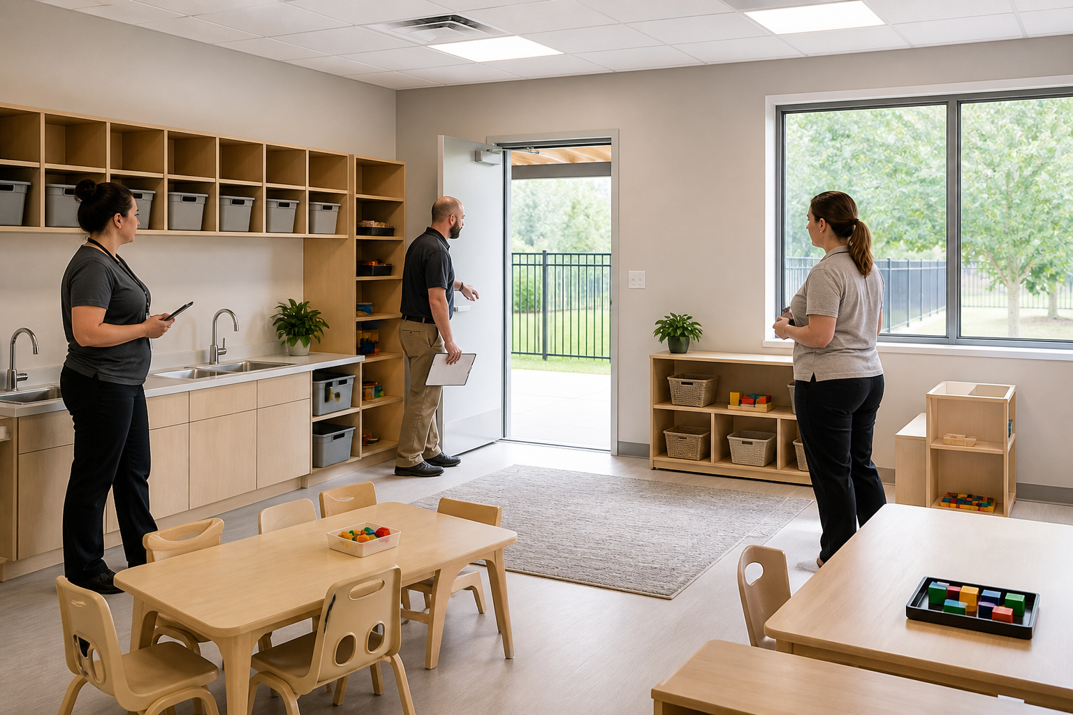Staff inspecting a finished modular daycare classroom before opening
