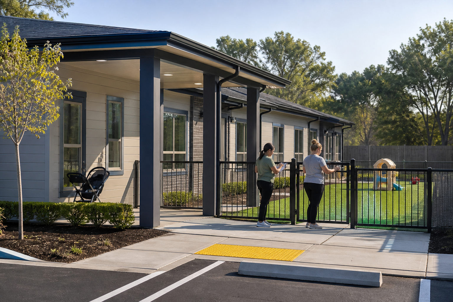Modern modular daycare building with a secure fenced play yard