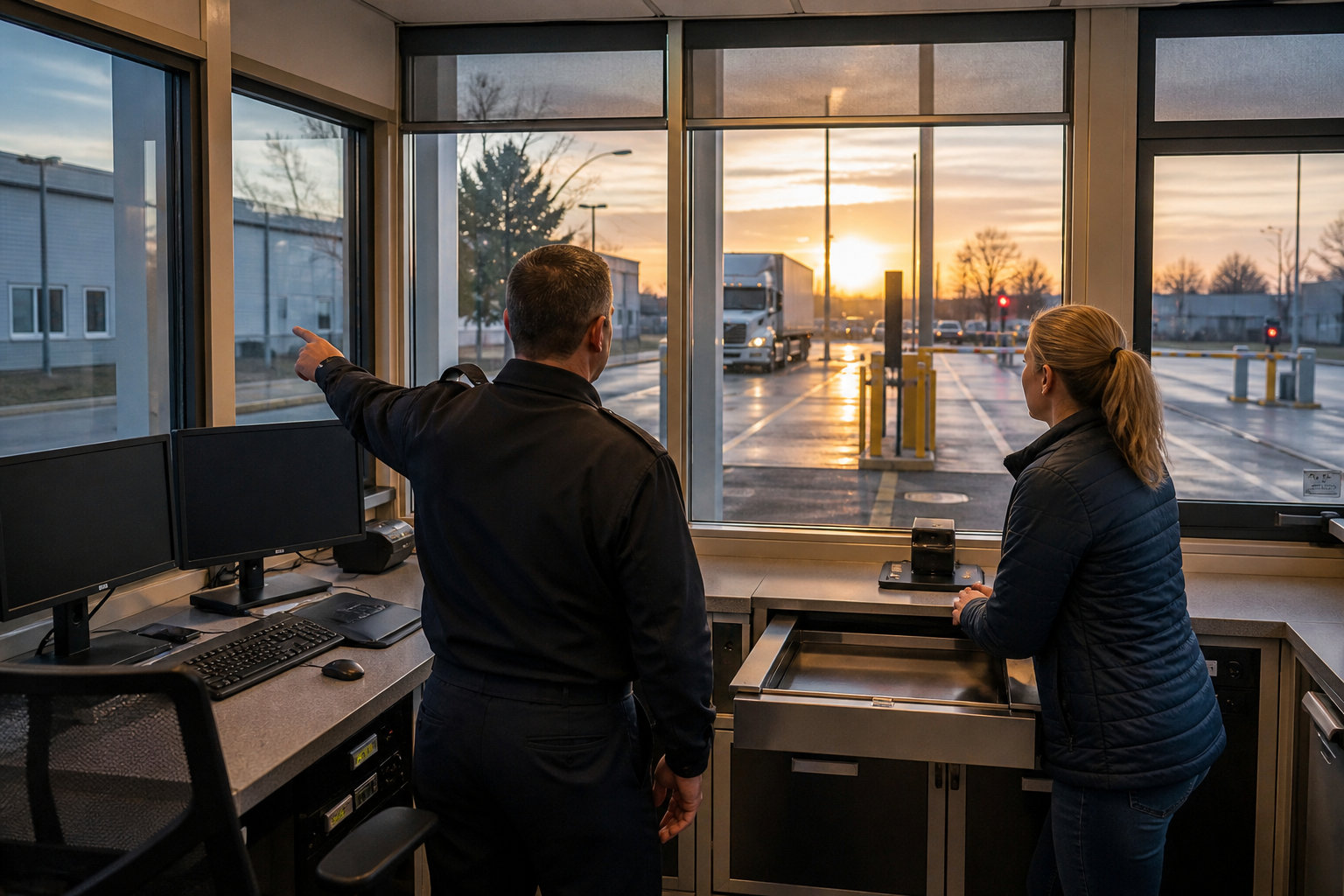 Security team testing sightlines from inside a modular guard house