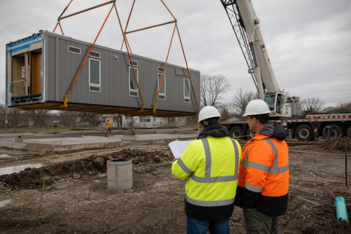 Modular dental clinic modules being installed while the project team coordinates site utilities
