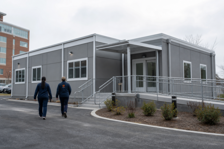 Newly installed modular medical clinic with an accessible entrance