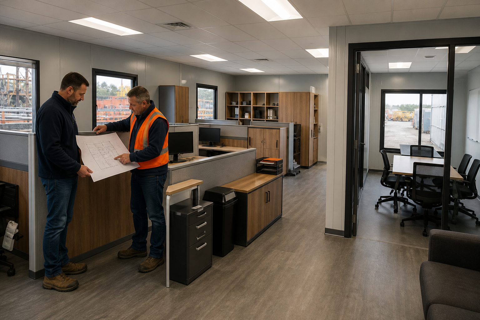 Facilities team reviewing the flexible layout of a modular office interior