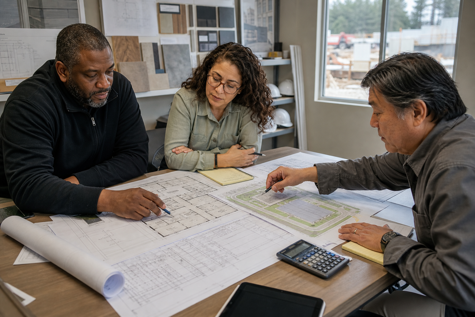 Project team reviewing modular building plans and budget details