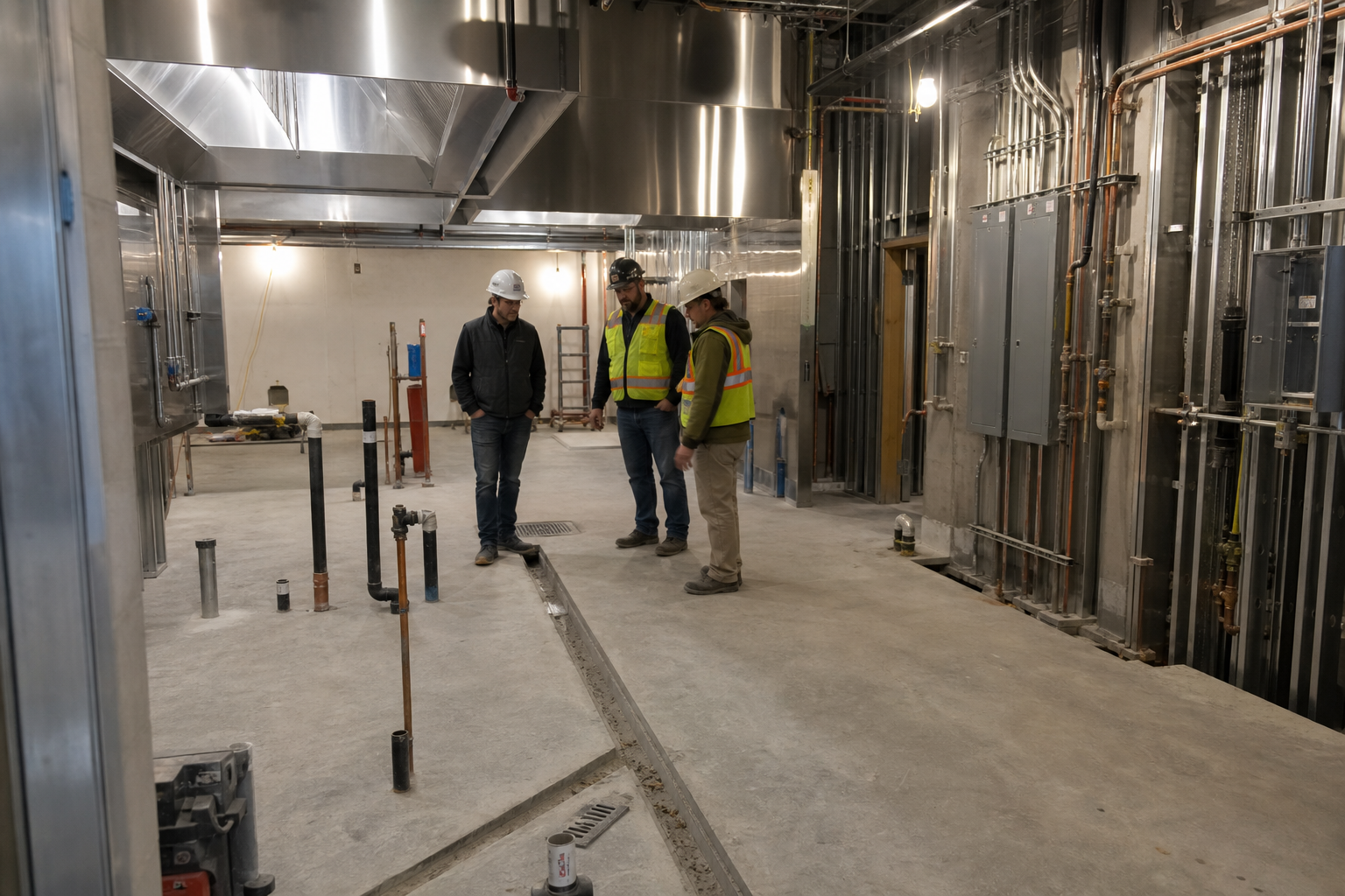 Commercial kitchen utilities being coordinated before finishes
