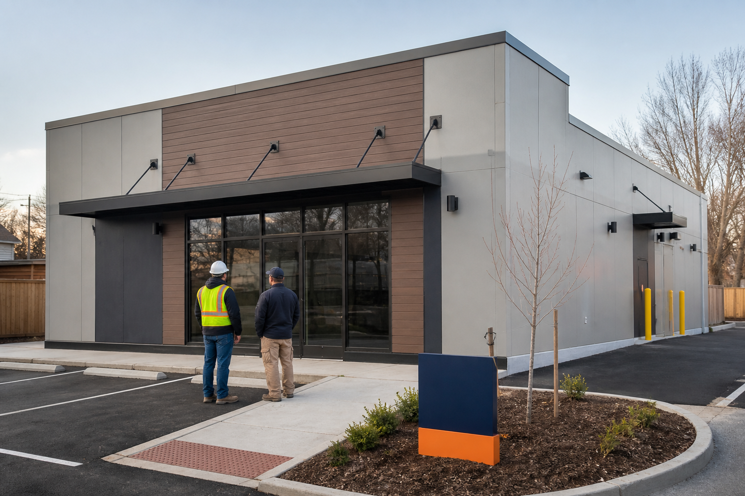 Contemporary modular retail building nearing completion