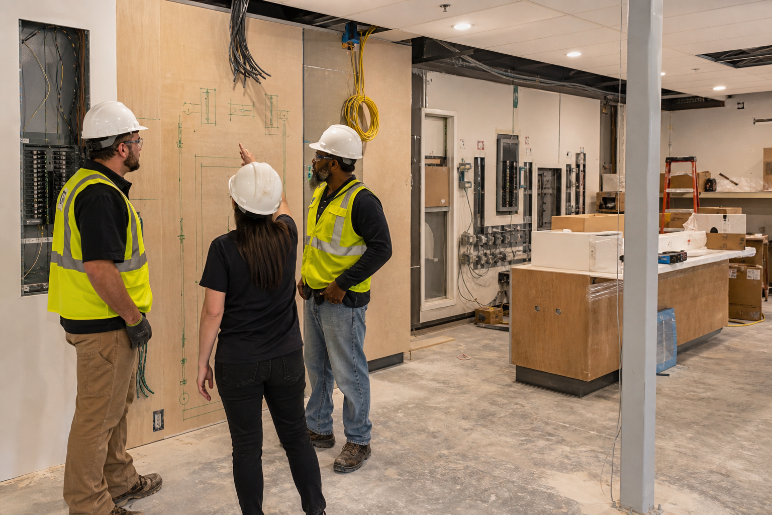 Trades coordinating electrical and equipment locations inside a modular retail building
