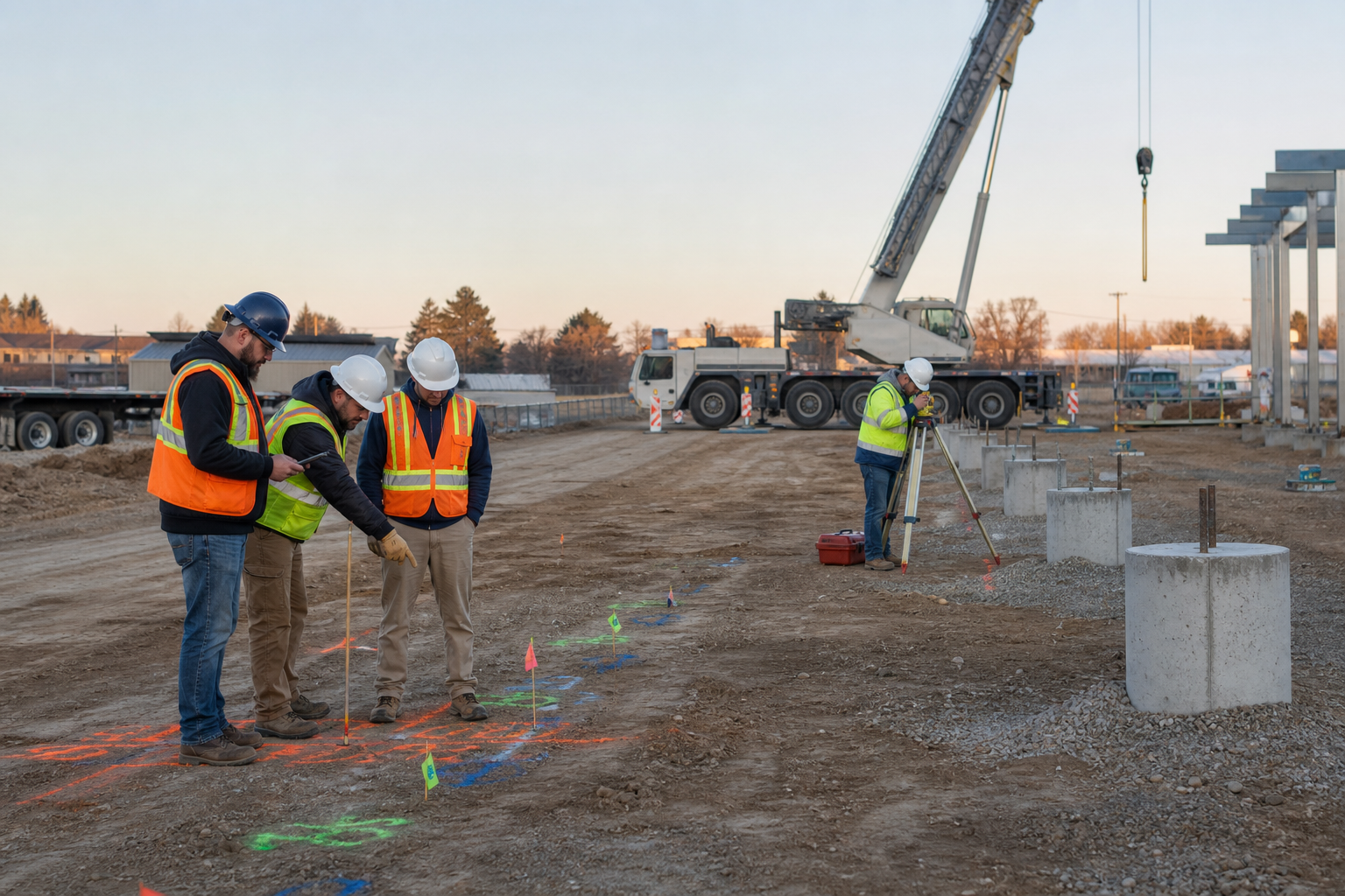 Construction team verifying utilities, foundations and delivery access before installation