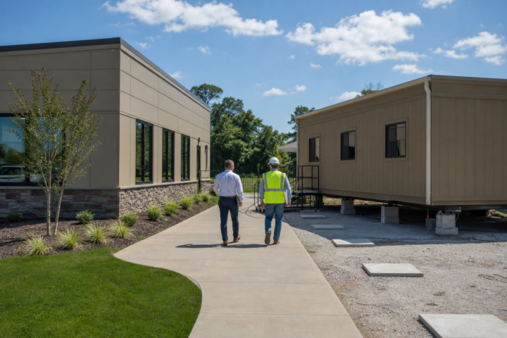 Permanent and relocatable modular buildings compared on one commercial campus