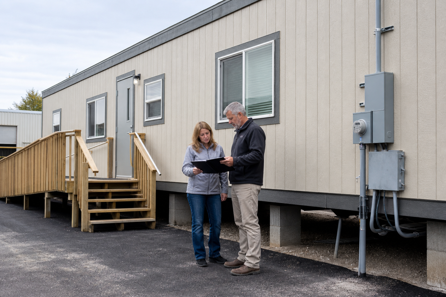 Facilities team reviewing a relocatable modular office and utility connections