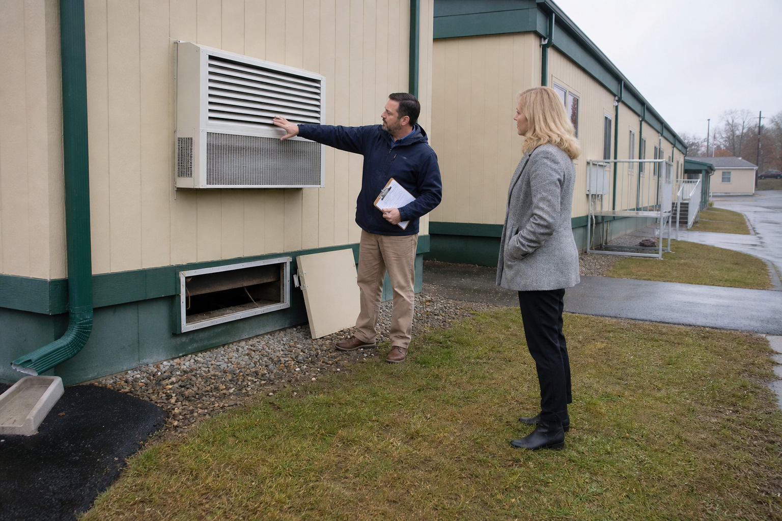 School team reviewing outdoor air intake and drainage at a portable classroom