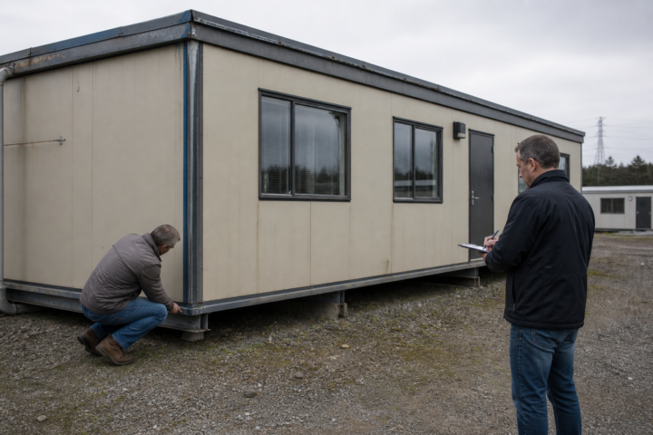 Inspector evaluating a used modular office building