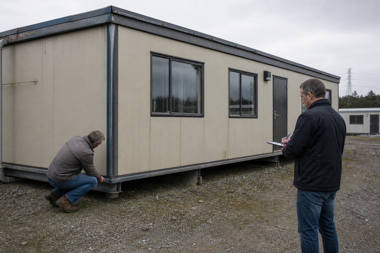 Inspector evaluating a used modular office building