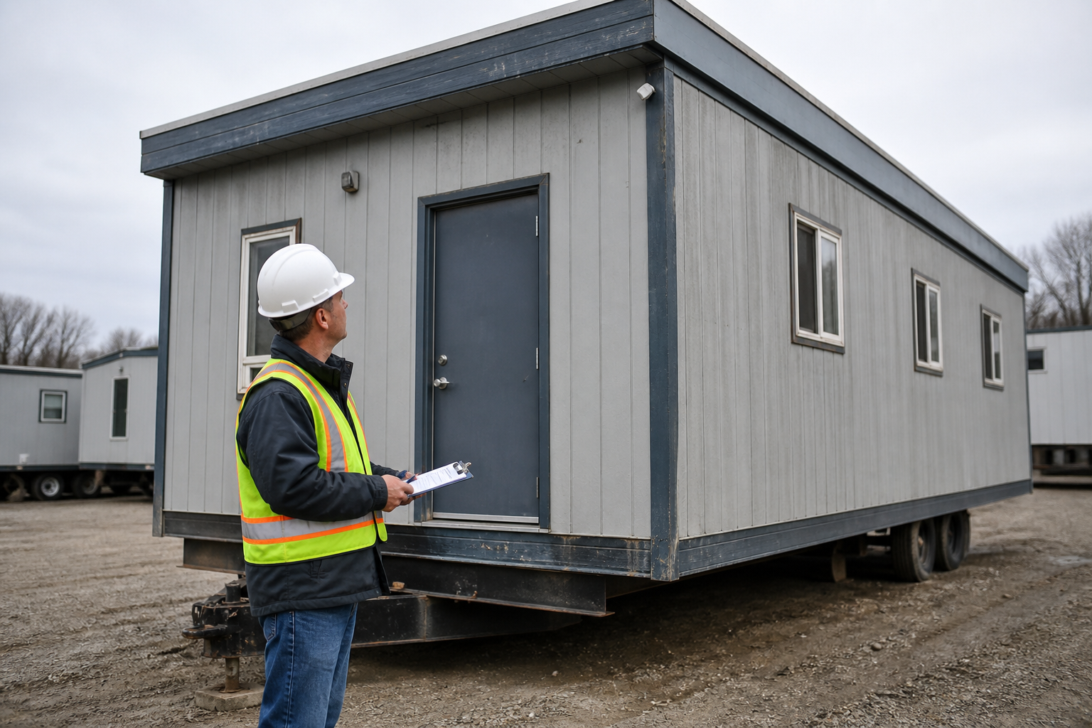 Project manager inspecting the condition of a used modular building