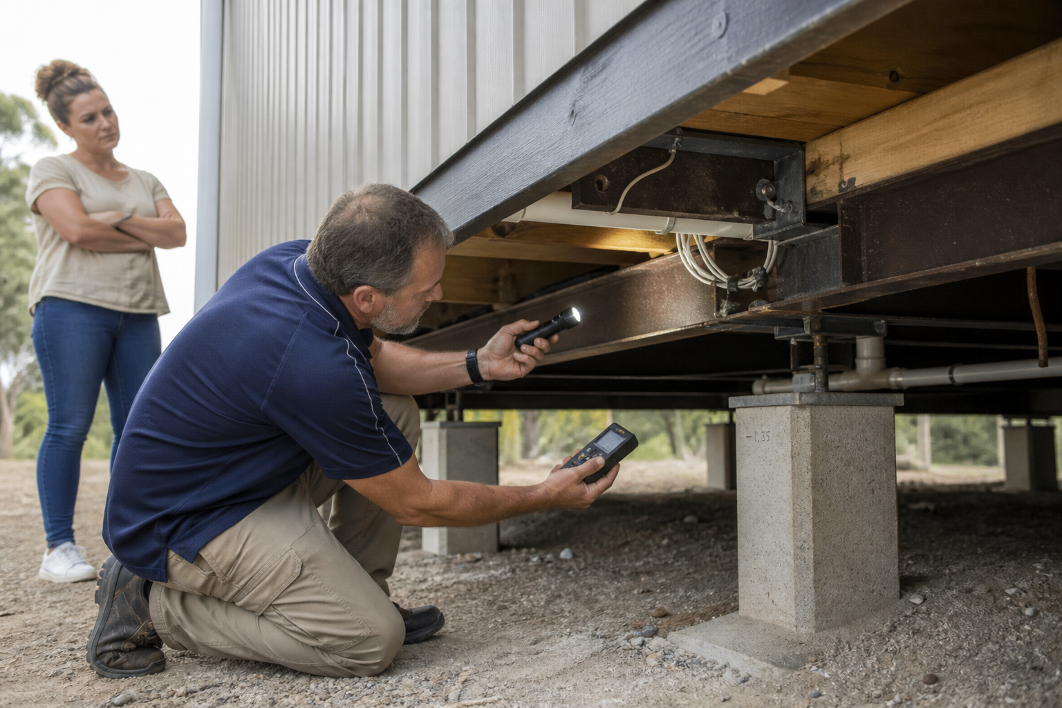 Inspector checking the frame and utilities below a used modular building
