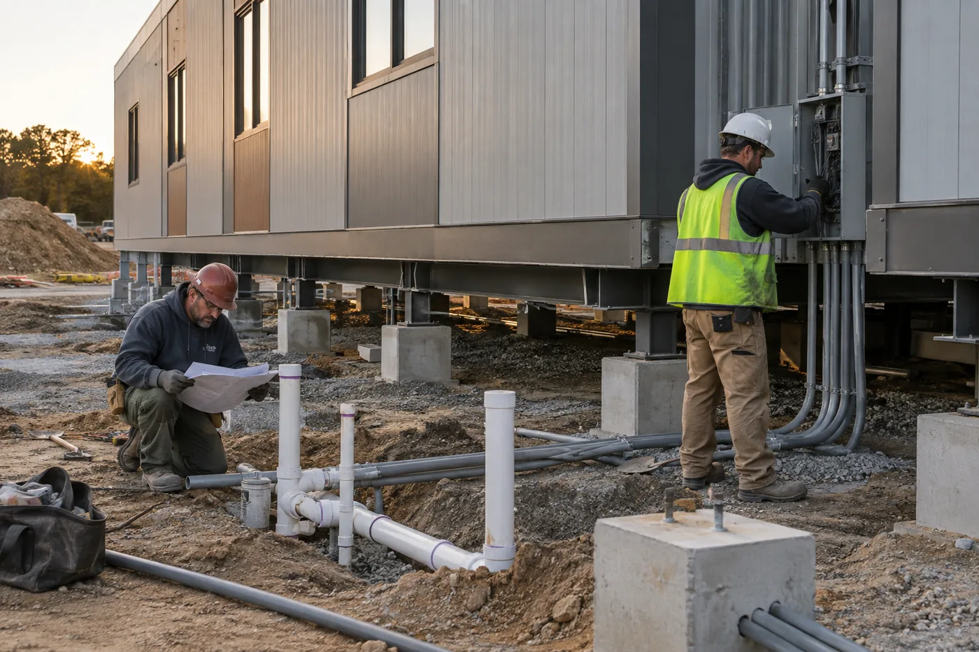 Tradespeople checking electrical and plumbing connections beside a modular building