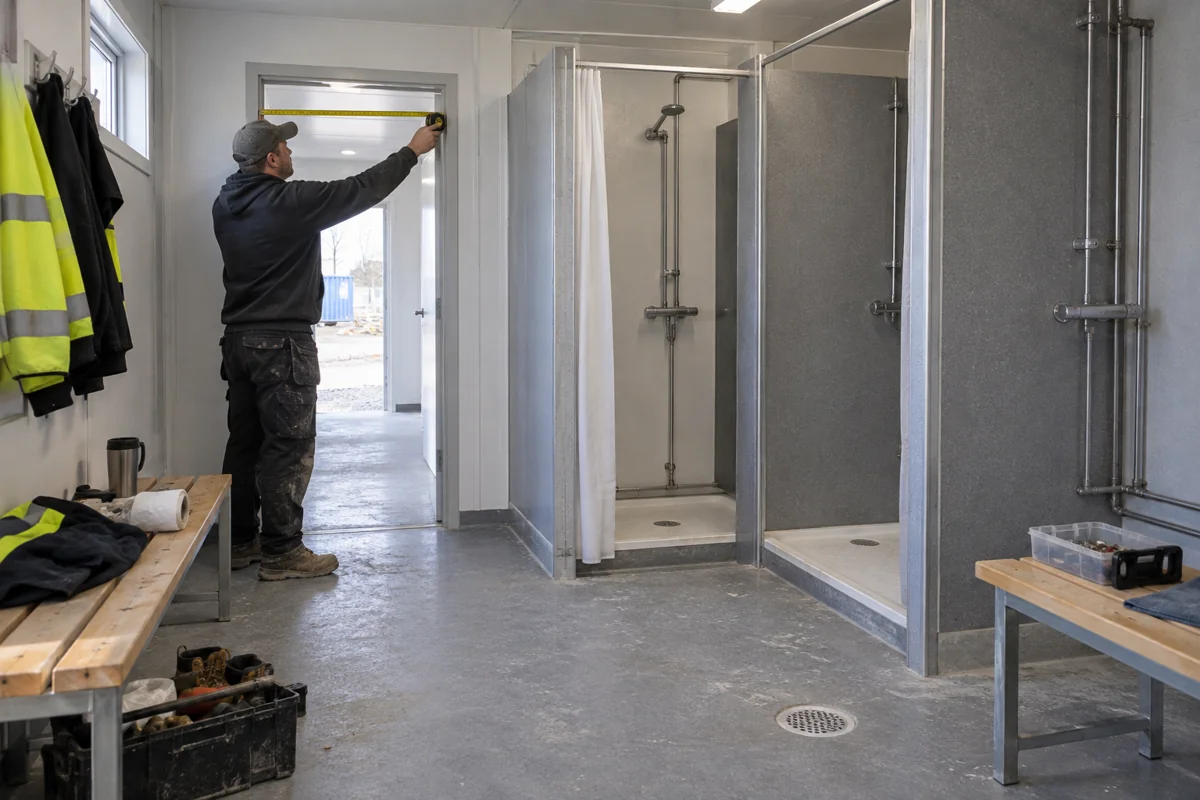 A changing-room doorway being measured during a modular interior fit-out