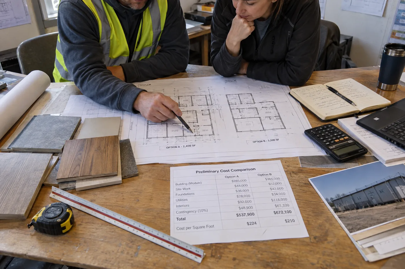Estimator comparing modular building floor plans, material samples and project costs