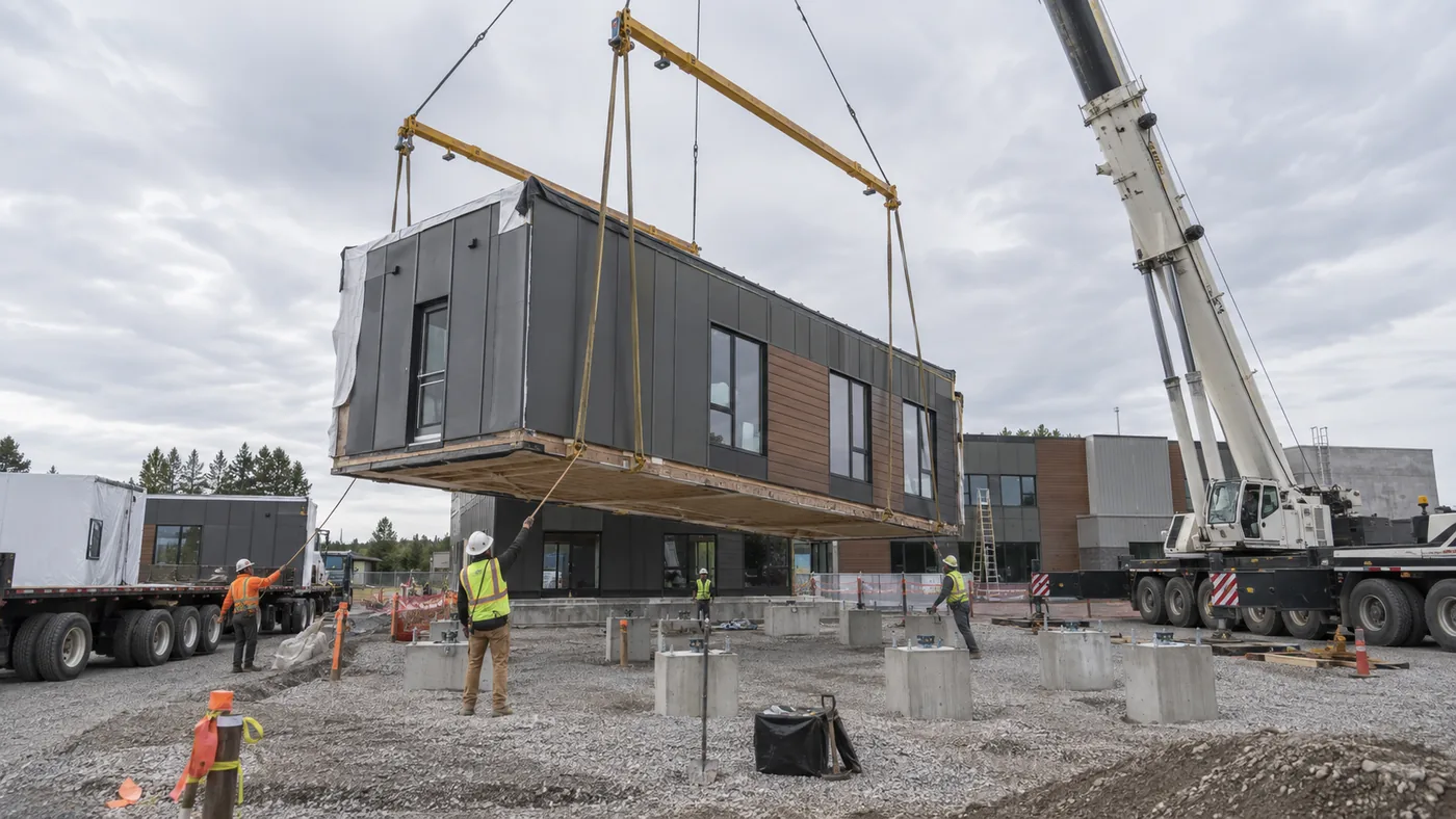 Crane and crew setting a commercial modular building section on prepared foundations