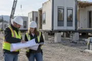 Project team reviewing plans beside commercial modular buildings under installation