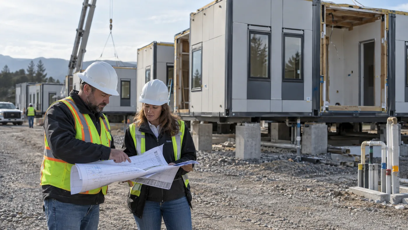 Project team reviewing plans beside commercial modular buildings under installation
