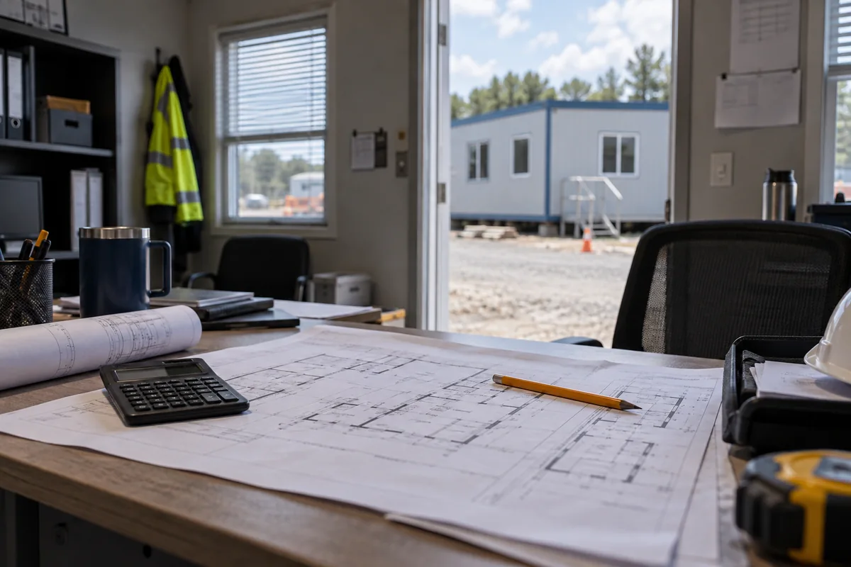 Floor plan paperwork and a calculator with a modular building visible beyond the doorway