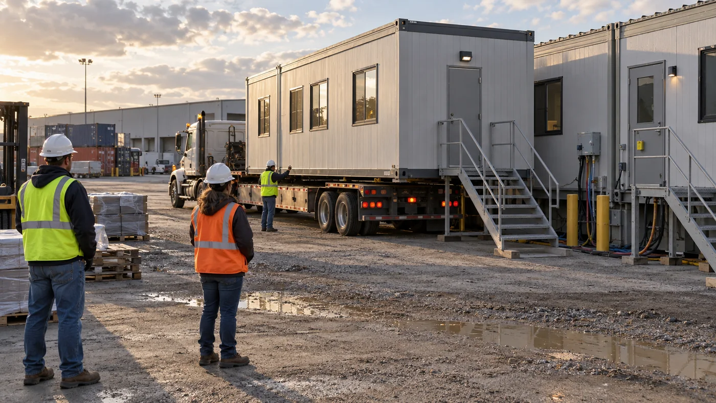 Rental modular office arriving at an active logistics yard