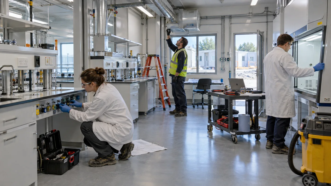 Technicians commissioning utilities and ventilation inside a modular laboratory