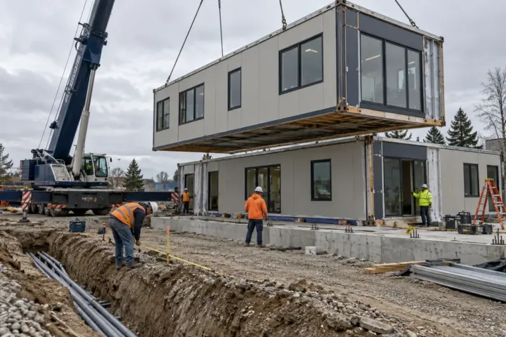 Commercial modular building modules being installed on prepared foundations