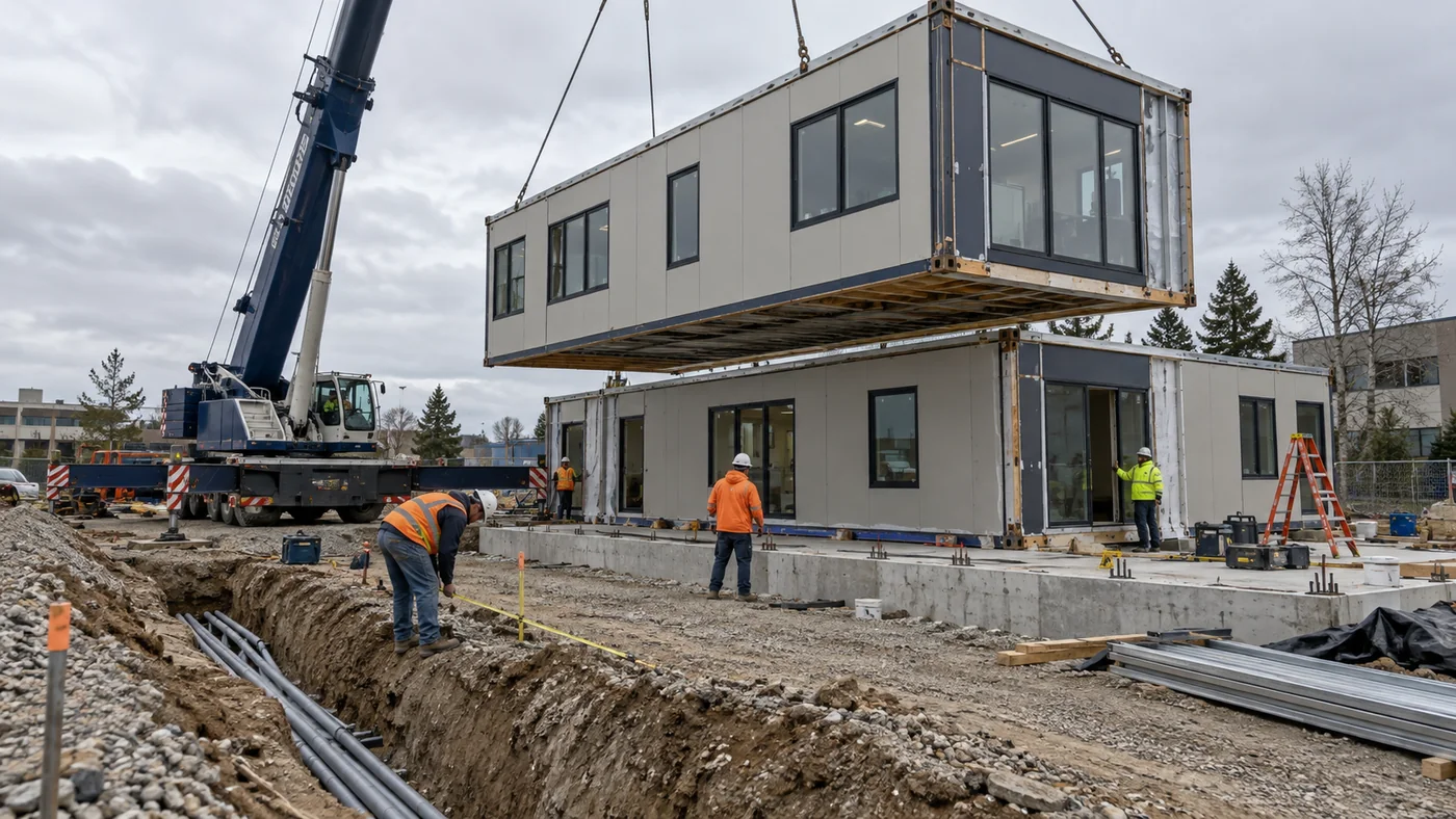 Commercial modular building modules being installed on prepared foundations
